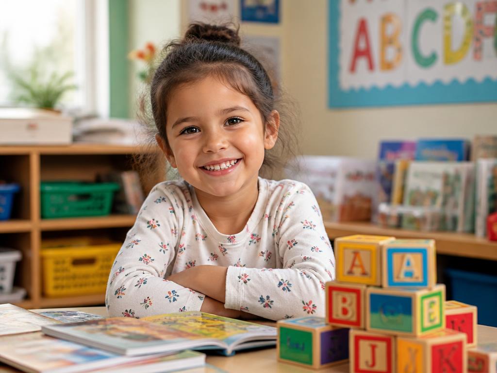 A young child aged around five sounding out letters with colourful alphabet blocks.