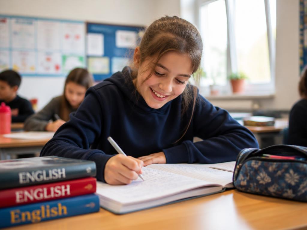 A pupil aged around ten writing an English exercise in a lined notebook at a school desk.
