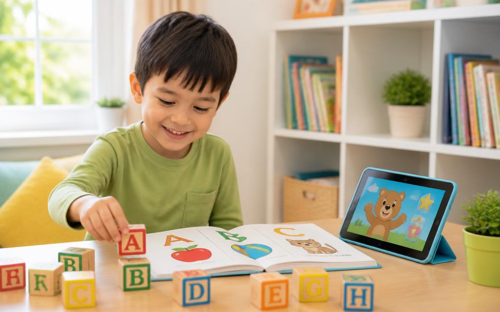 A young child aged 4–7 playing with alphabet blocks and a picture book while learning British English at home.