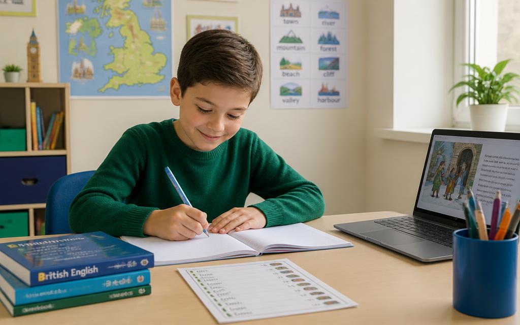 An older child aged 8–12 writing in a notebook and using a laptop to study British English at a home desk.